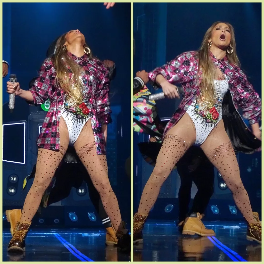 JENNIFER Lopez gave a truly eye-catching performance, wearing a series of revealing outfits, many revealing her midriff and frequently showing off her crotch..