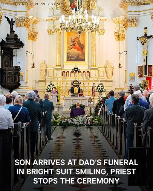 Son Arrives at Dad’s Funeral in Bright Suit Smiling, Priest Stops the Ceremony – Story of the Day